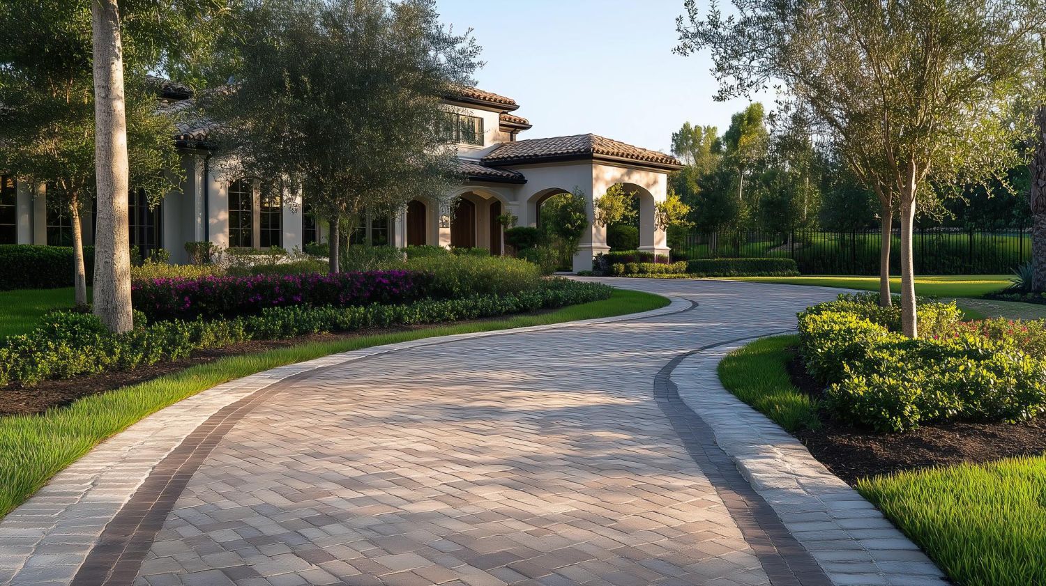 Curved stone driveway leading to a villa with palm trees and manicured landscaping at sunset