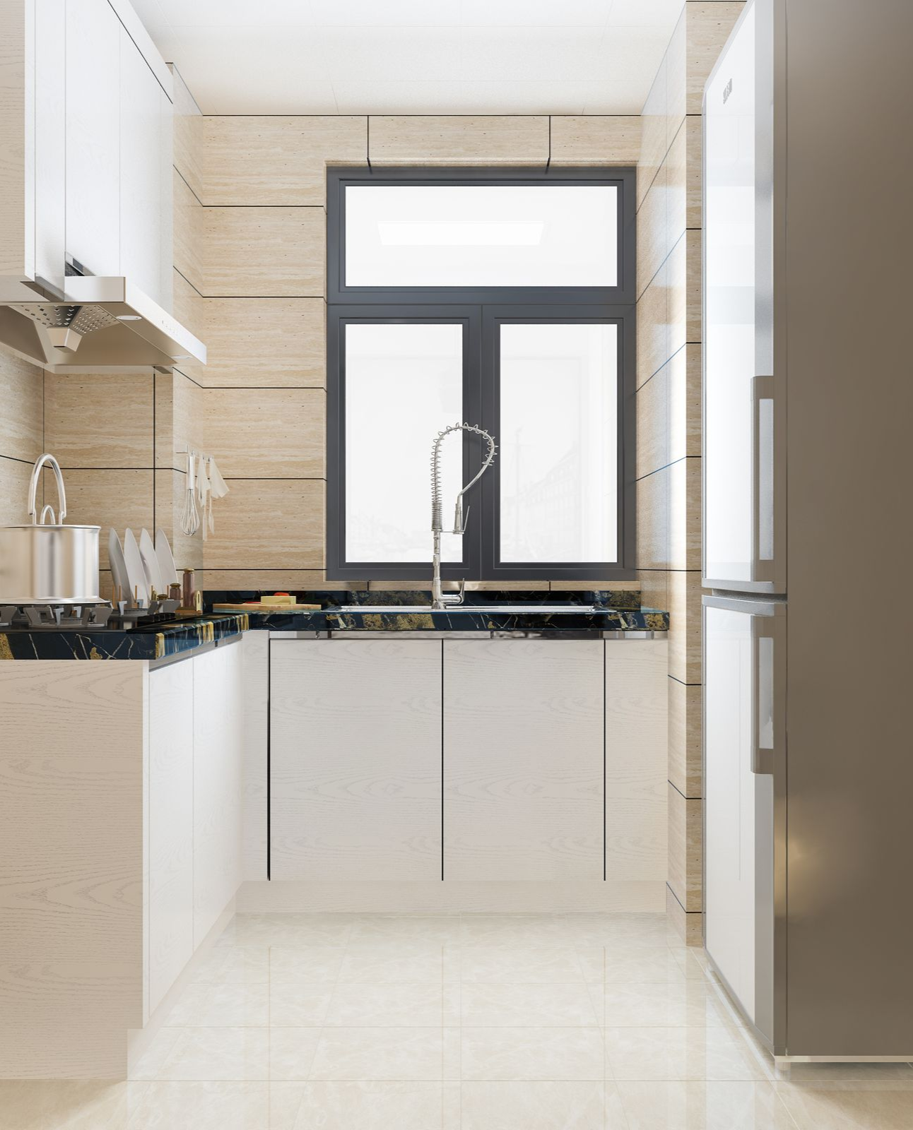 Modern kitchen with white cabinets, dark countertops, and a window above the sink.