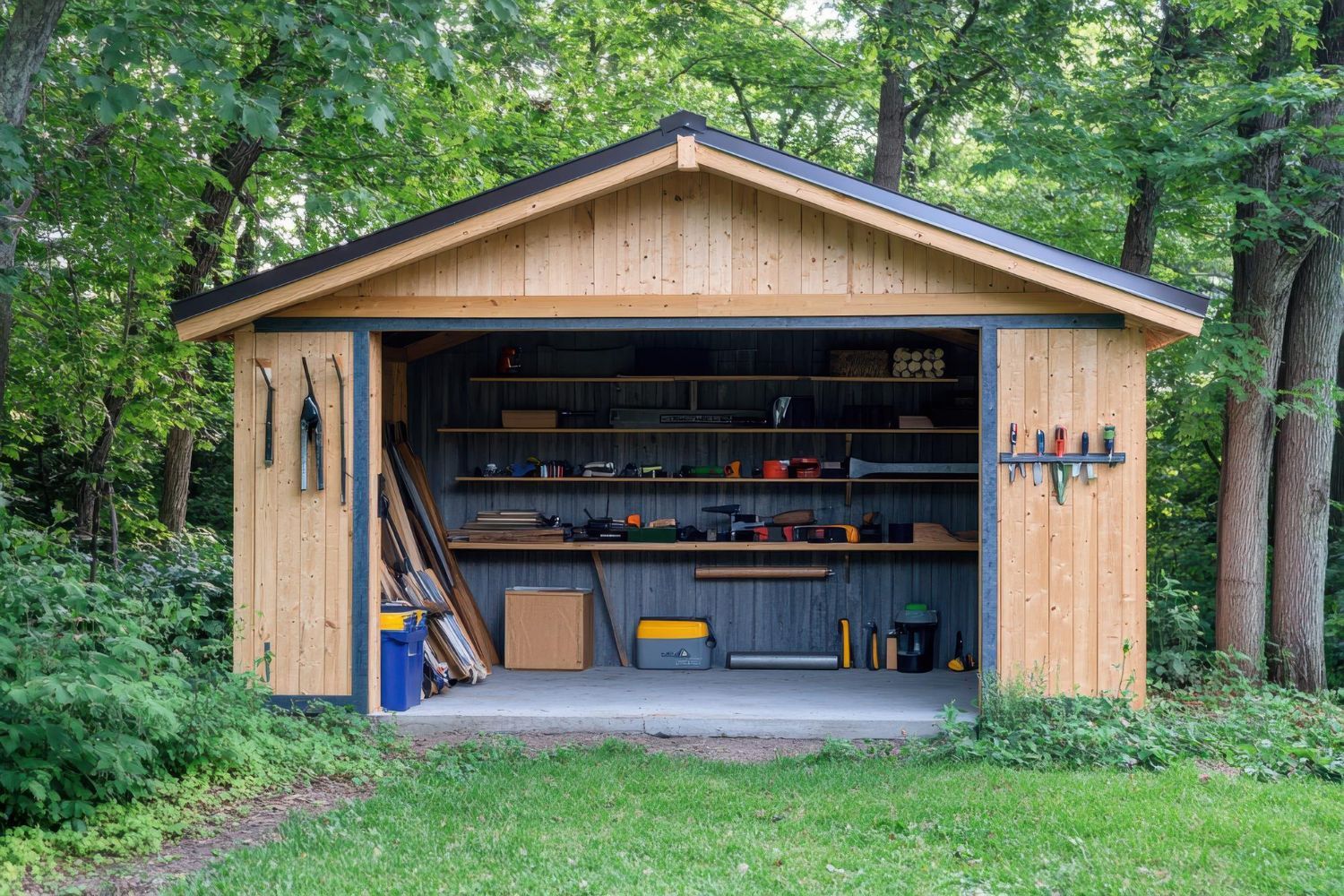 Wooden garden shed with open front, stocked with tools and shelves, surrounded by green trees.