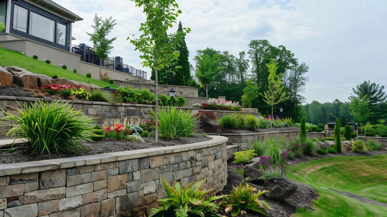 Terraced stone garden with blooming flowers and greenery beside a house on a hillside