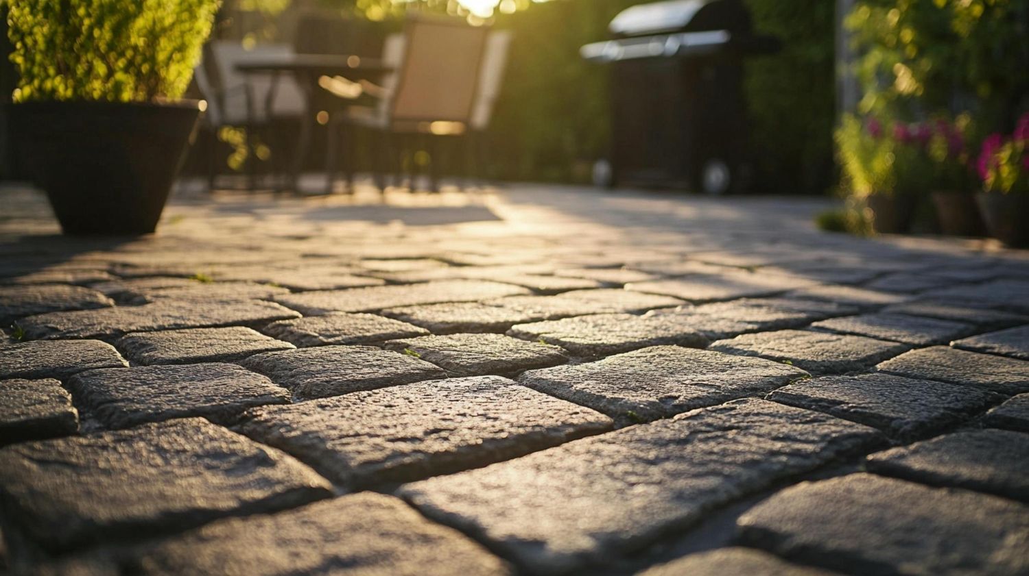 Sunlit cobblestone patio path with potted plants and soft shadows