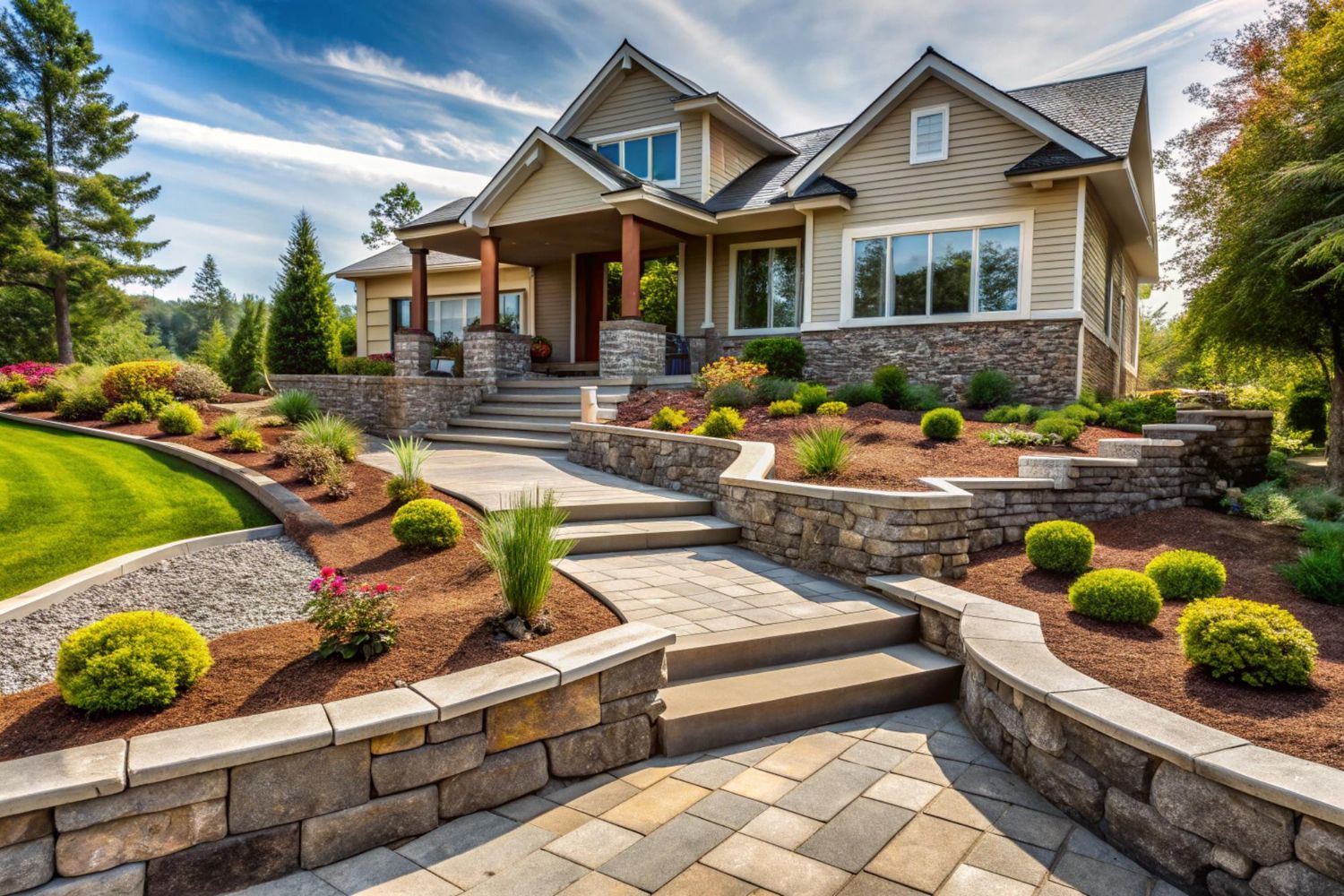 Stone house with a landscaped front yard, curved steps, and flower beds under a blue sky
