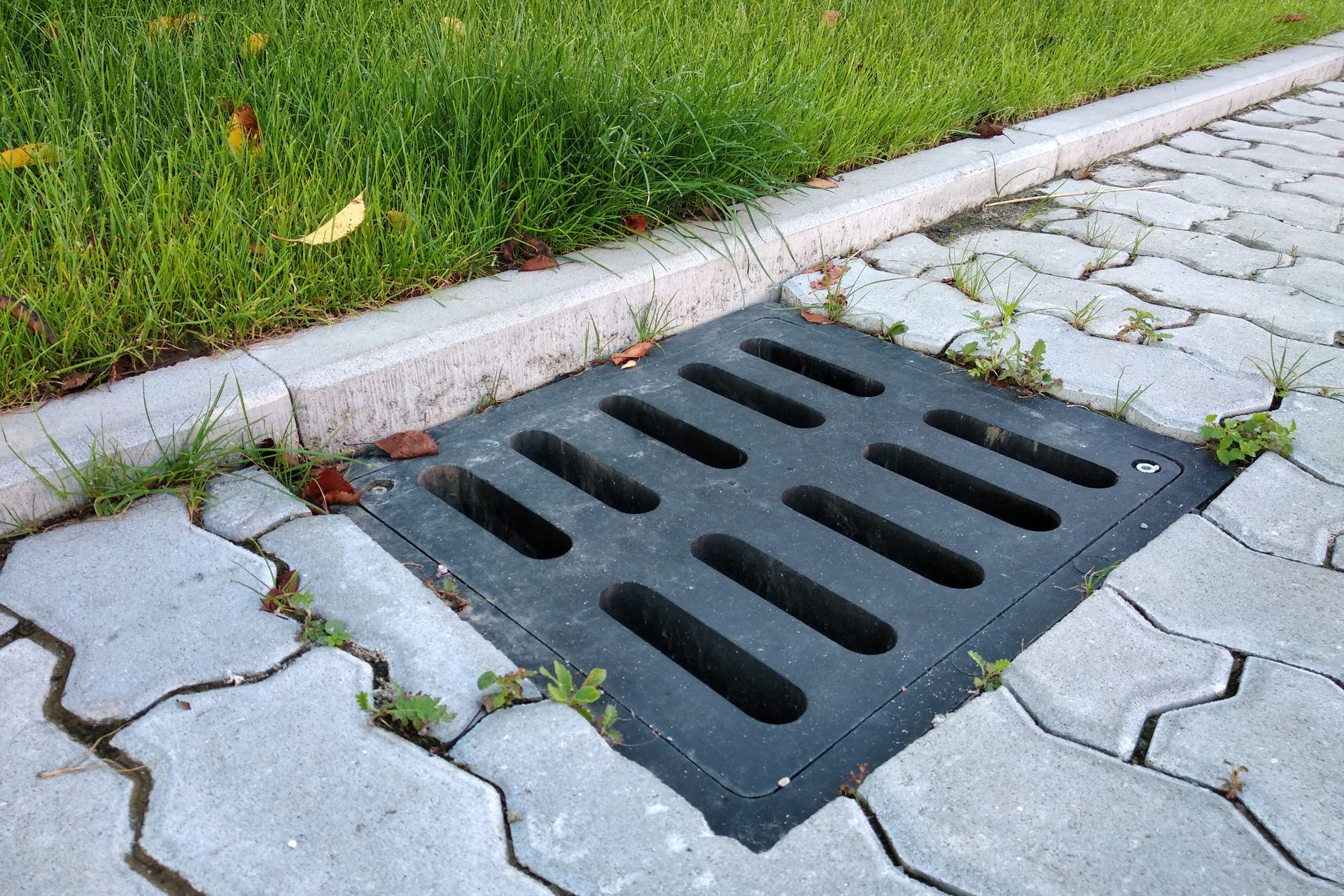 A dark gray storm drain cover set in paving stones next to grass and a curb.