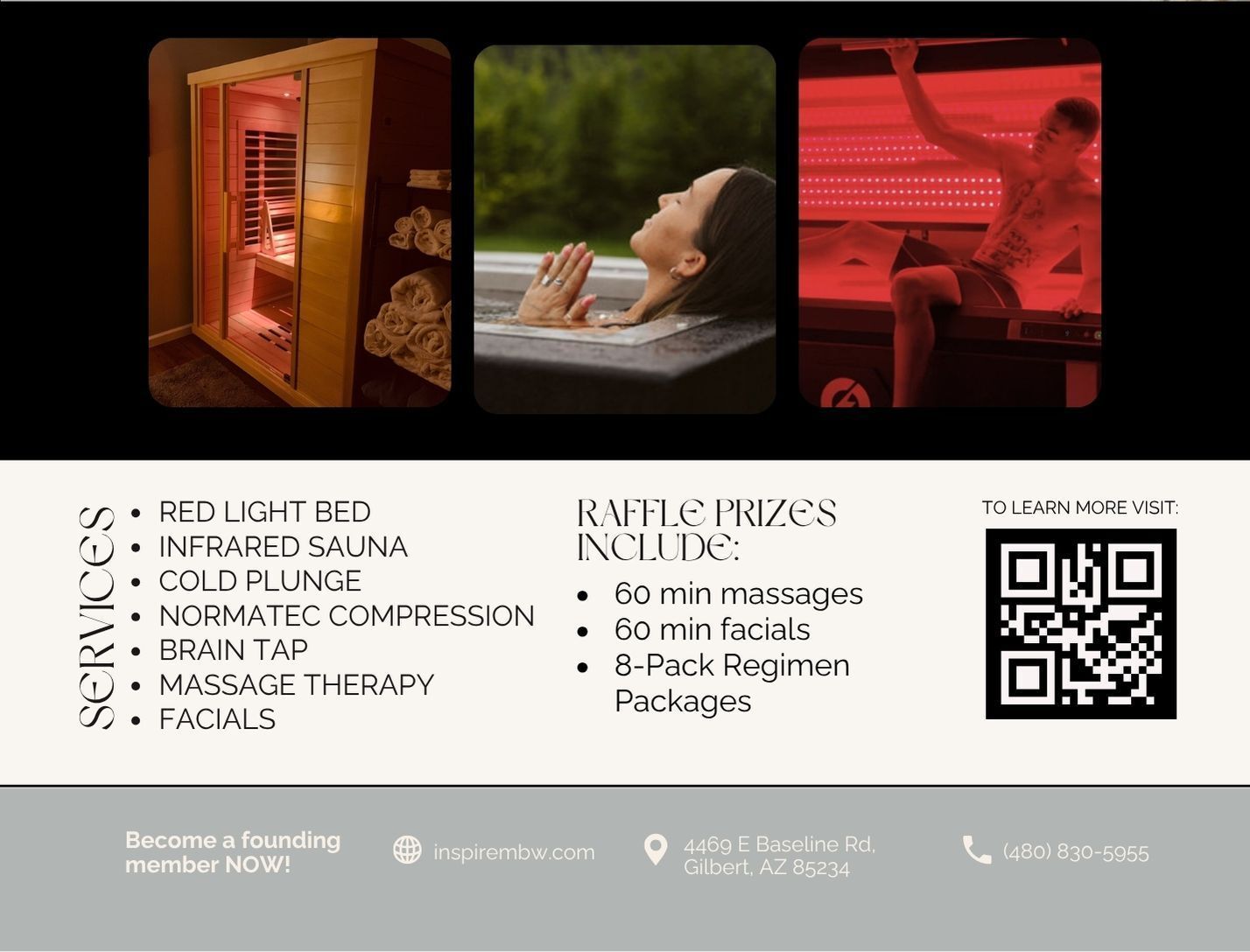 Red-light spa services ad with sauna, facial treatment, and massage images, plus QR code and pricing list