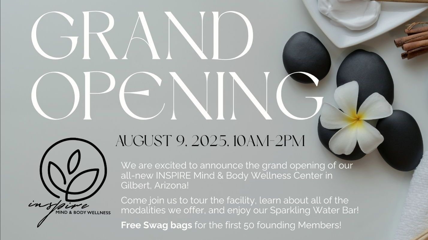 Grand opening flyer with white flowers, black stones, and date/time details on a gray background