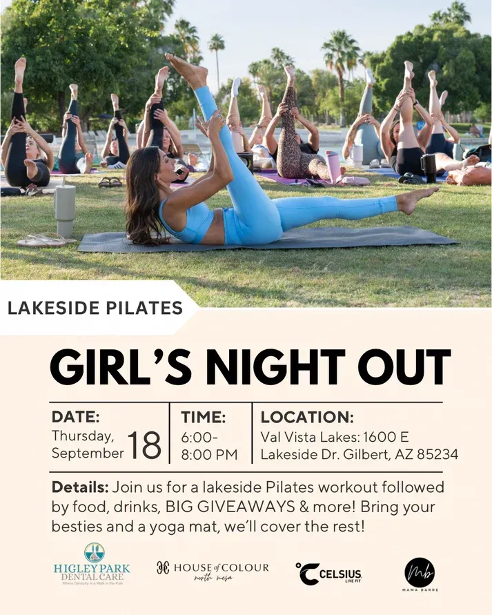 Lakeside Pilates “Girls’ Night Out” flyer with outdoor group stretching on grass by the water