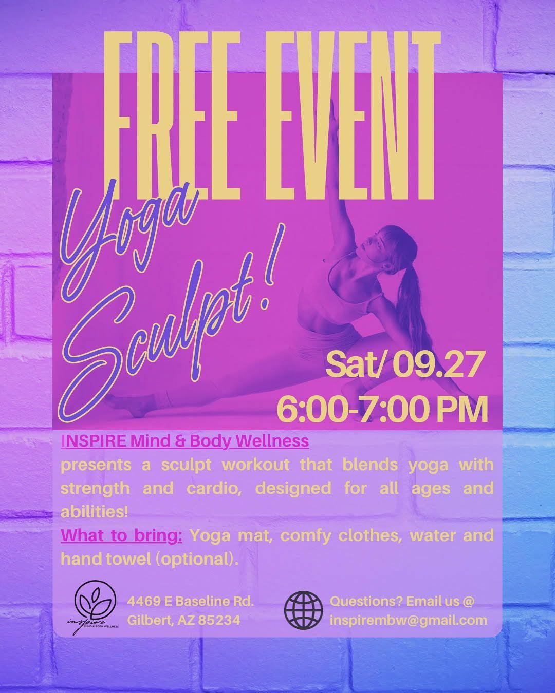 Purple flyer for a free yoga sculpt event, Saturday 09.27, 6:00–7:00 PM, with contact details.