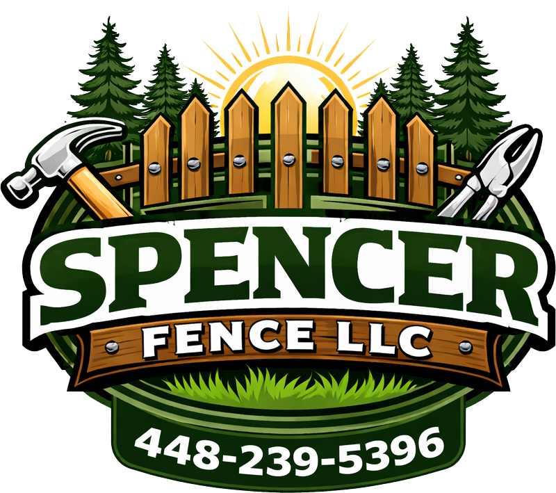 Spencer Fence LLC logo: wooden fence, tools, sun, trees, green banner, and phone number.