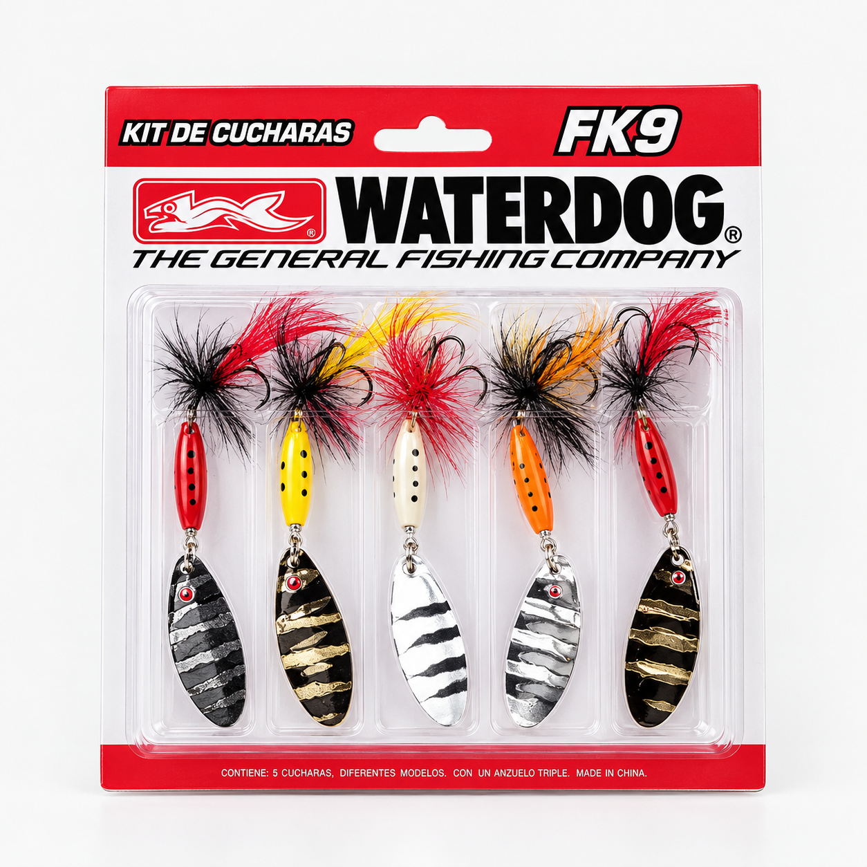 Paquete de cinco señuelos de pesca coloridos Waterdog en un envase rojo para la venta al público