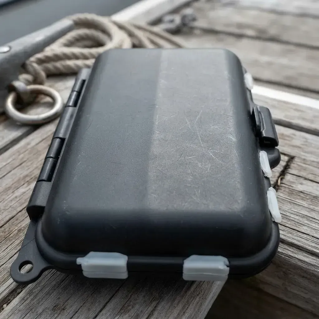 Estuche impermeable negro sobre una cubierta de madera, junto a una cuerda enrollada