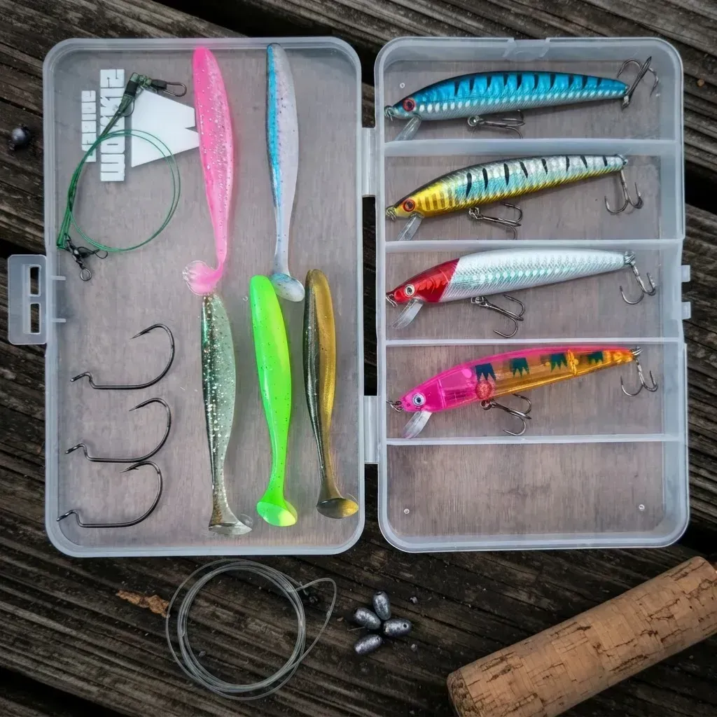 Caja de pesca abierta con señuelos de colores, anzuelos, sedal y una empuñadura de corcho sobre una superficie gris.