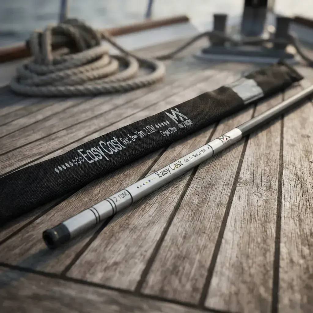 Caña de pescar negra y estuche de transporte sobre un muelle de madera desgastada, con una cuerda enrollada al fondo