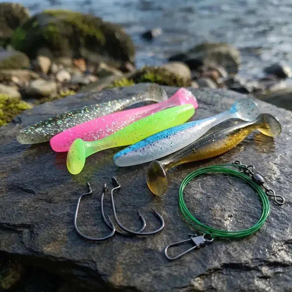 Caja de pesca abierta con señuelos de colores, anzuelos, sedal y una empuñadura de corcho sobre una superficie gris.