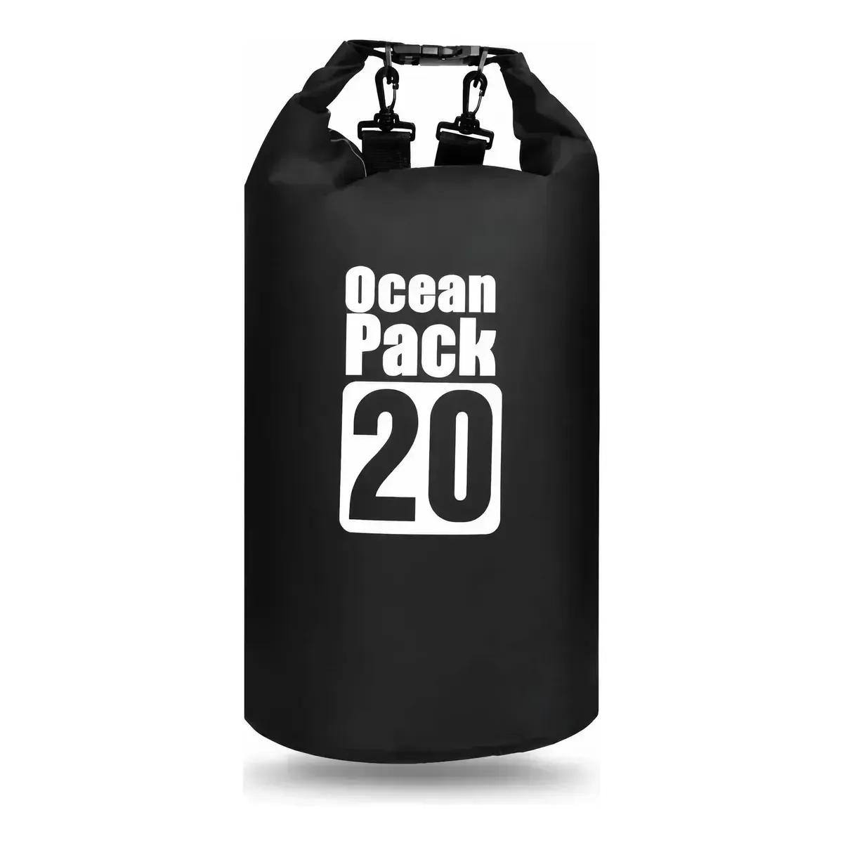 Bolsa estanca Black Ocean Pack 20, con logotipo blanco y dos hebillas en la parte superior