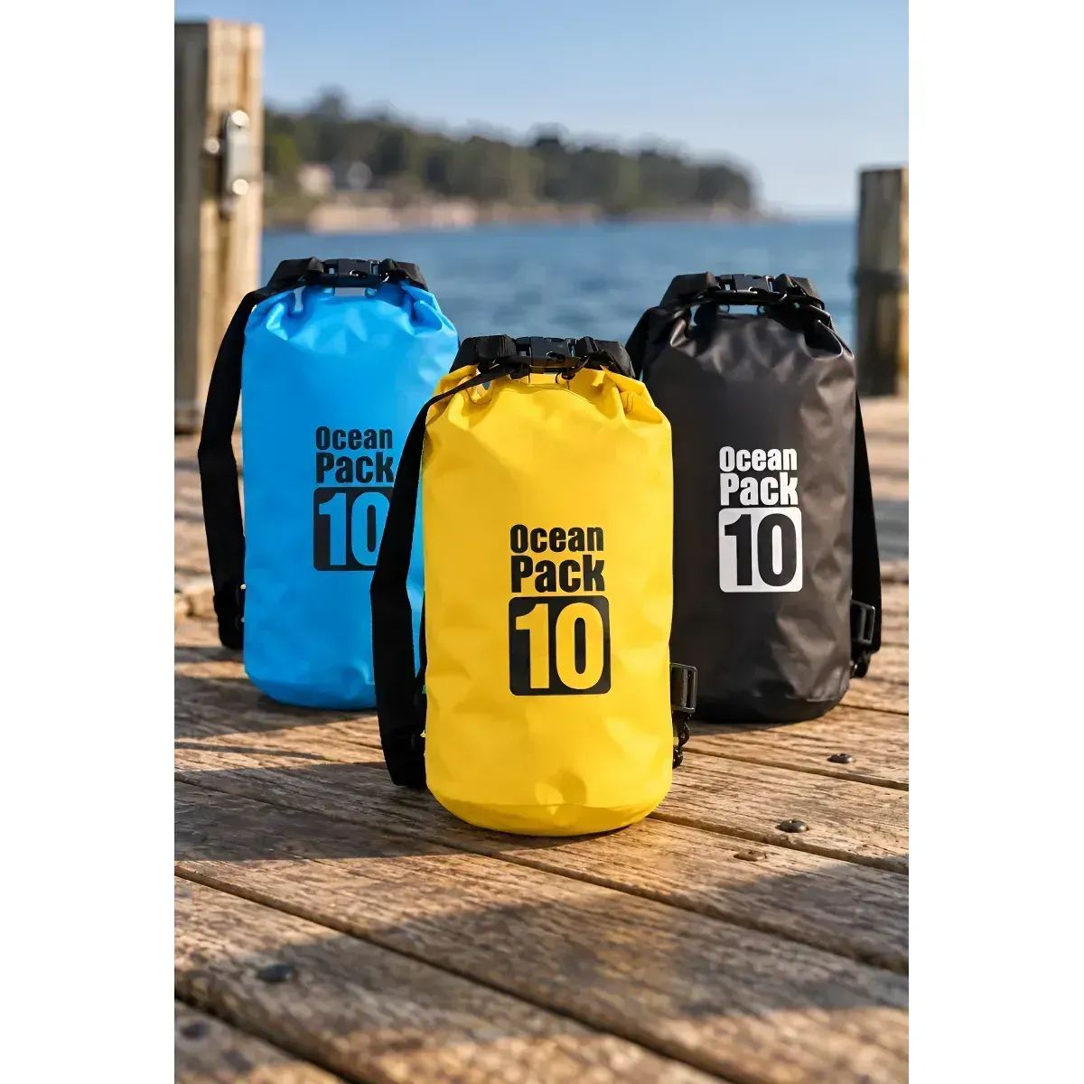 Bolsa estanca Black Ocean Pack 20, con logotipo blanco y dos hebillas en la parte superior
