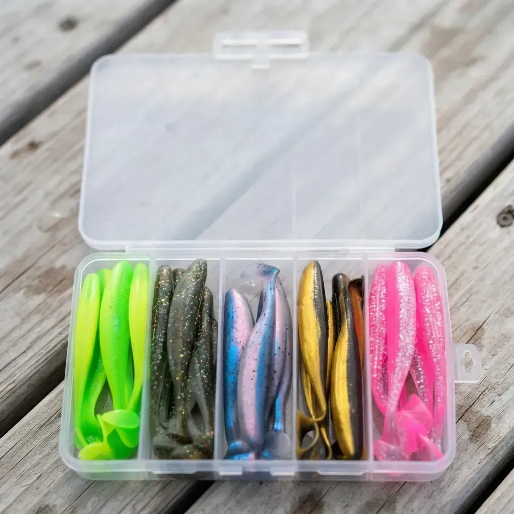 Caja de pesca transparente con señuelos blandos de colores sobre una superficie de madera