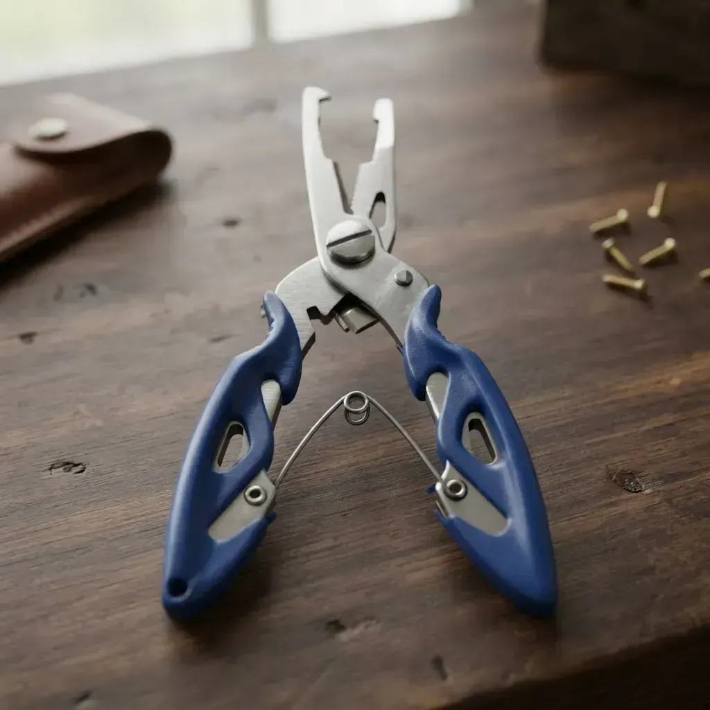 Alicates de pesca con mangos azules sobre una mesa de madera, con una funda de cuero y unos tornillos pequeños cerca