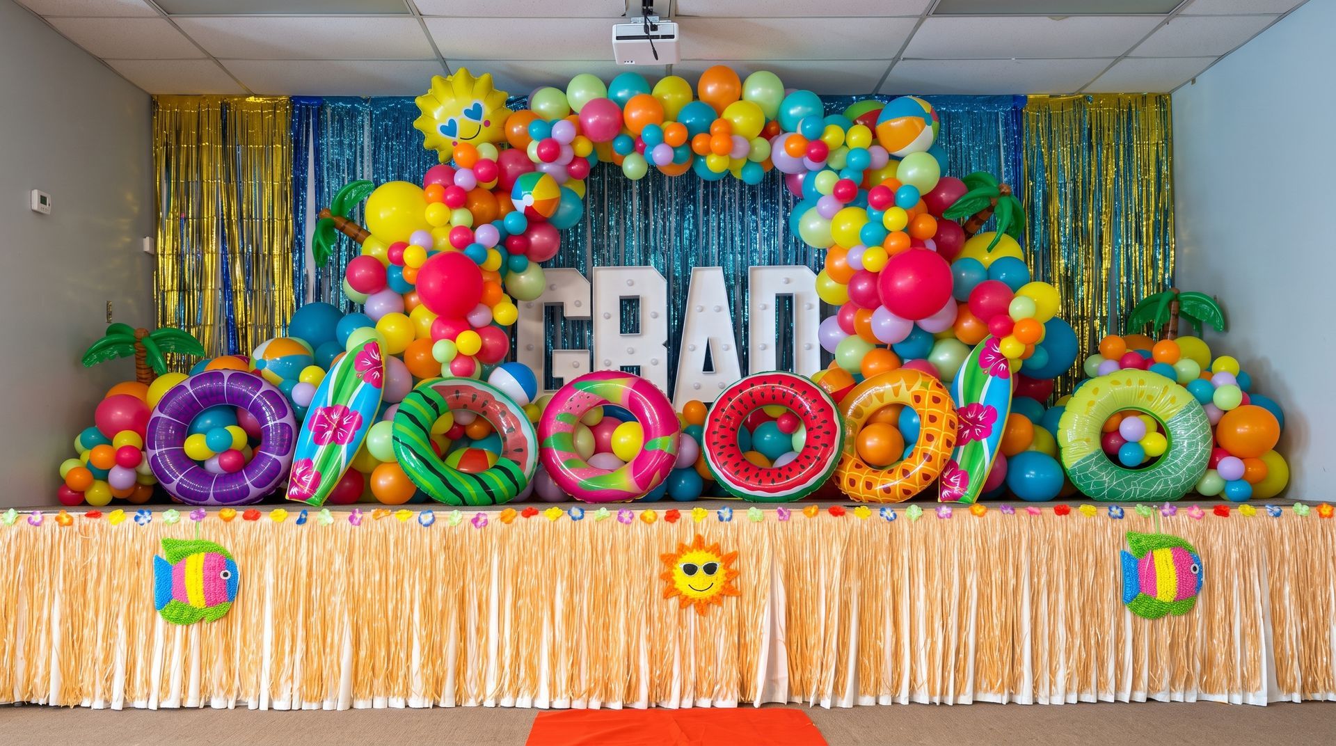 Colorful balloon arch over a stage with large “PDA” letters and decorated fringe backdrop