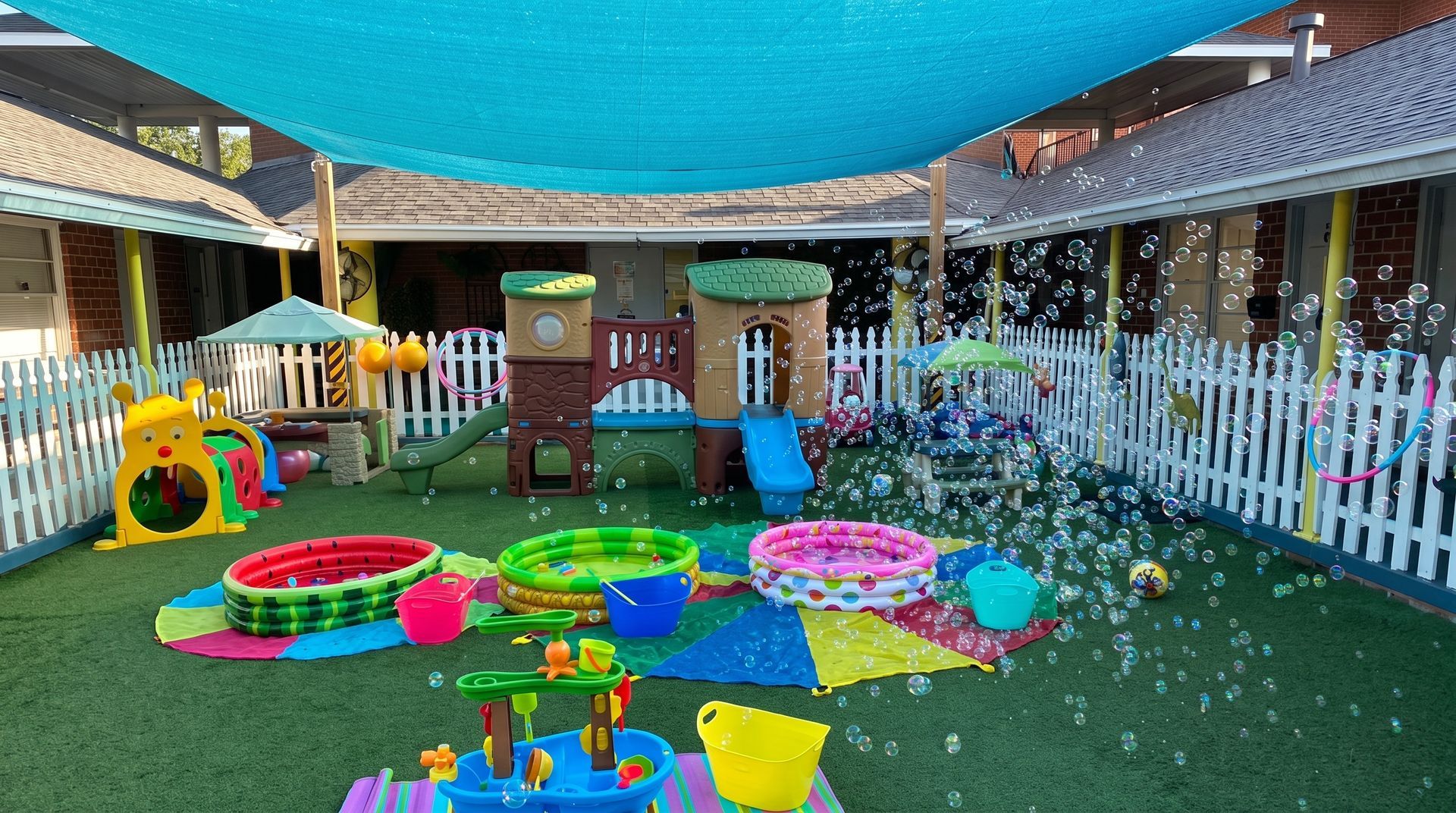 Colorful outdoor sensory play area with water toys, rings, slides, and a shade canopy over artificial grass