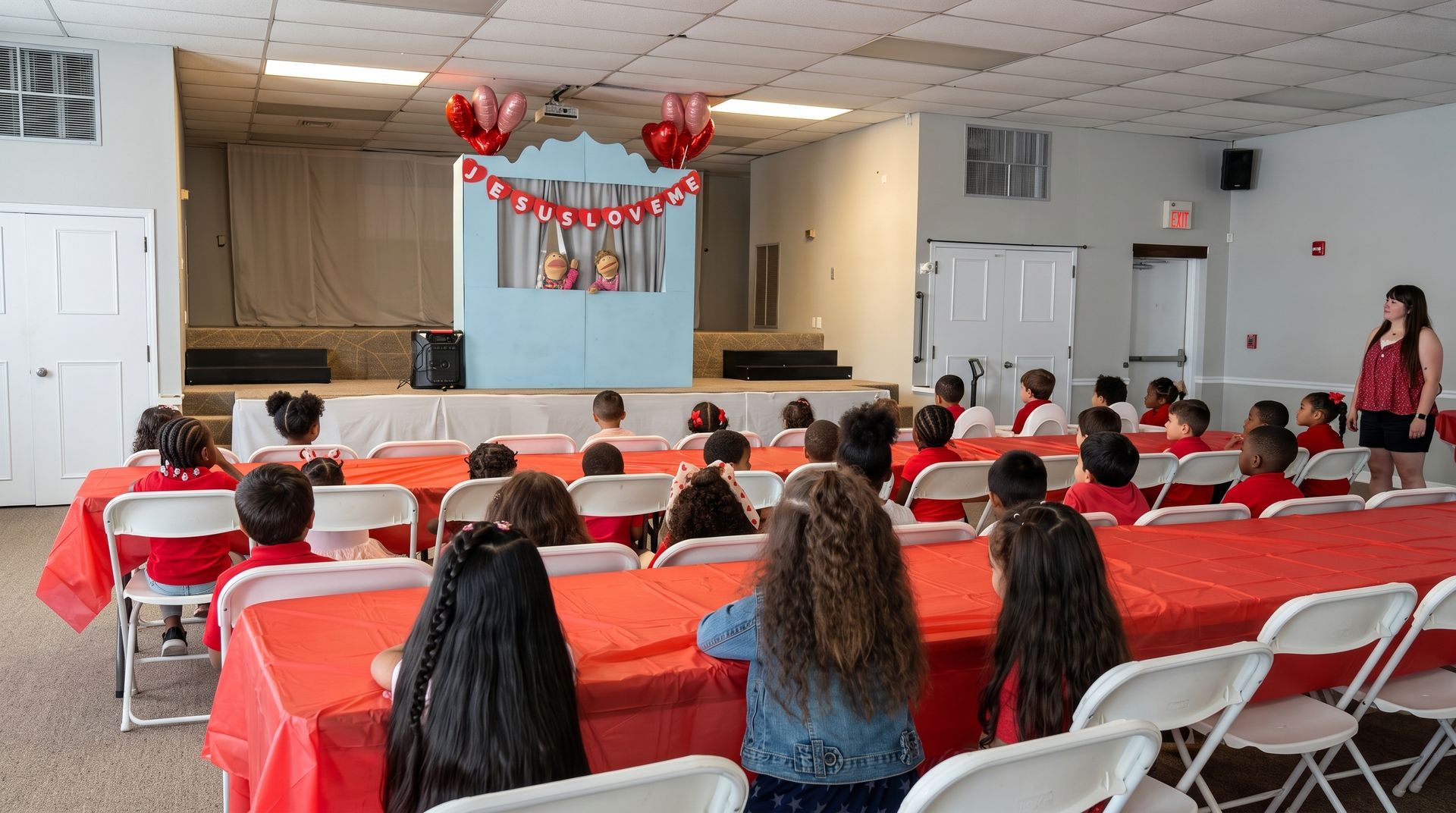 Community meeting in a hall, with people seated at red tablecloth-covered tables facing a decorated front stage.