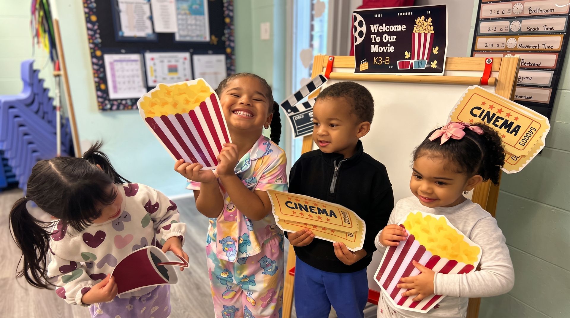 Four children holding popcorn props in a classroom, smiling near a “Cinema” bulletin board.