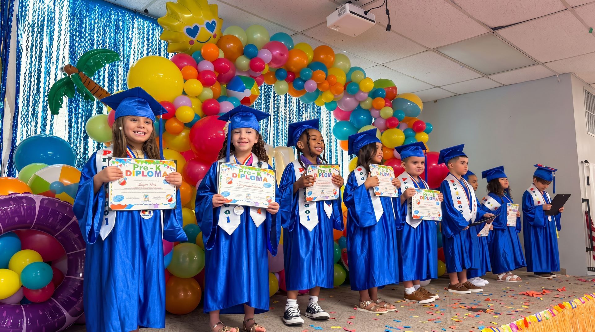 Graduates in blue gowns and caps holding certificates on a decorated stage with balloons