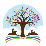 Colorful tree with books and two reading figures under a blue sky and rainbow arcs