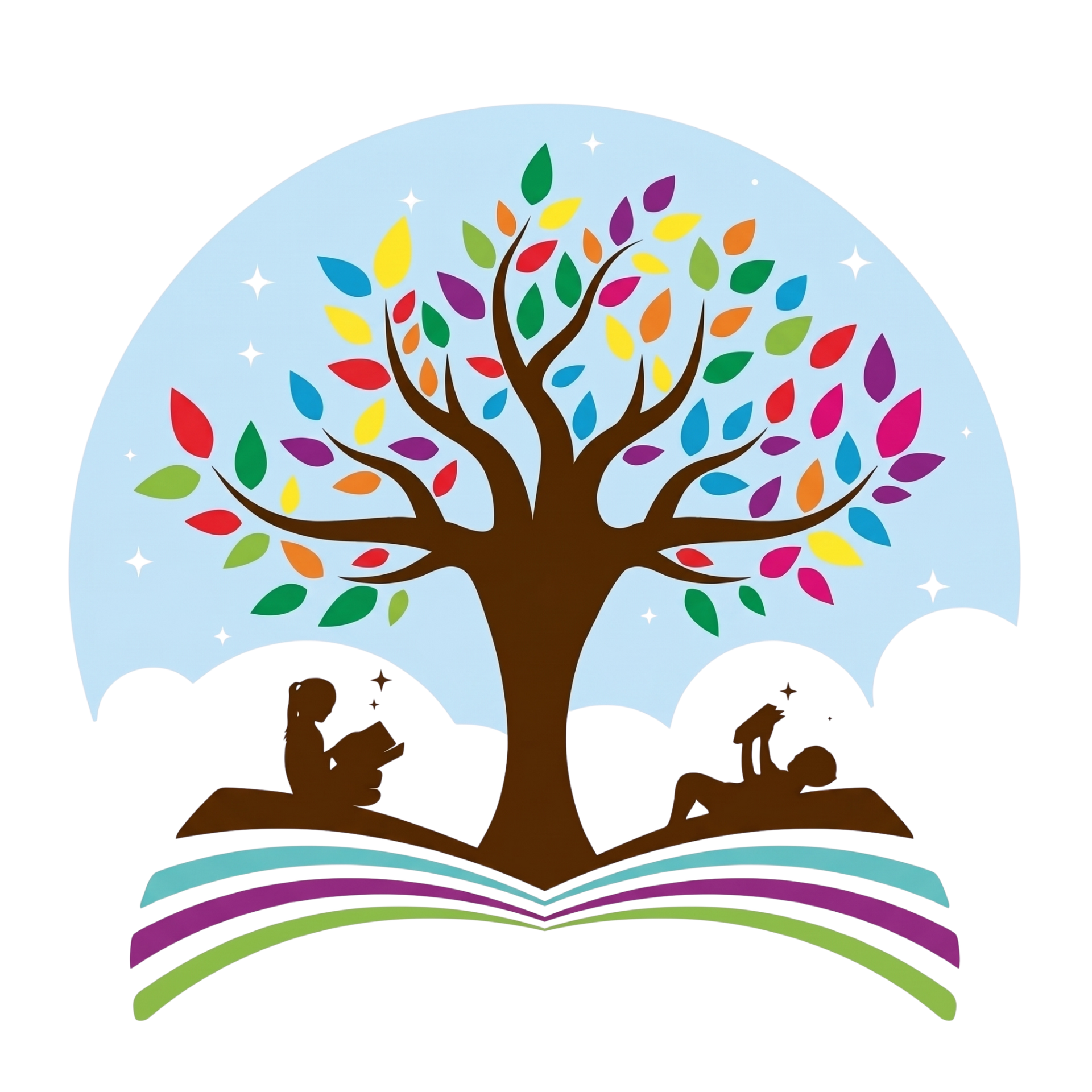 Colorful tree with books and two reading figures under a blue sky and rainbow arcs