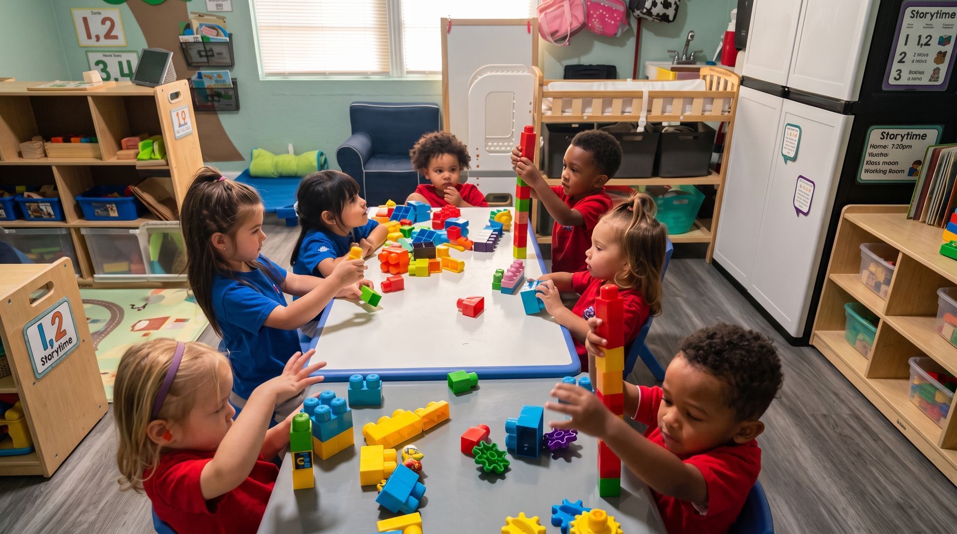 Children playing with colorful blocks around a table in a classroom
