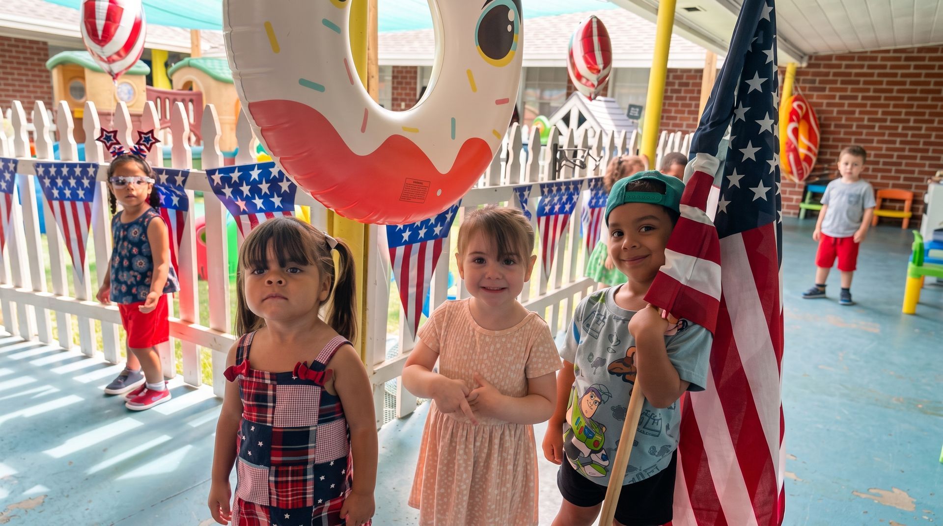 Children standing indoors with a large American flag during a festive patriotic event