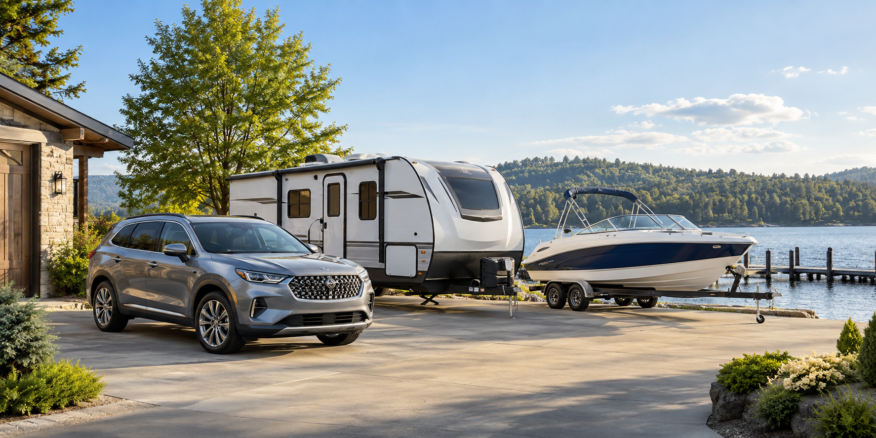 SUV towing a travel trailer beside a lake, with a boat on a trailer nearby and mountains in the background