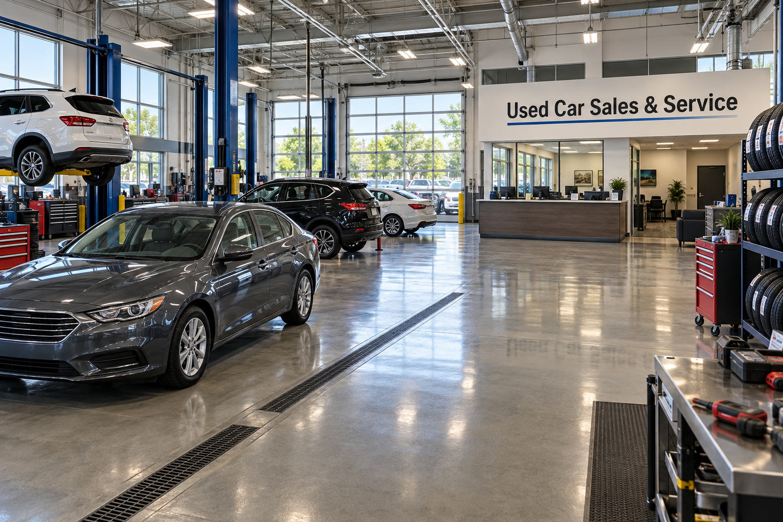 Car dealership showroom with several cars and a “Used Car Sales & Service” sign
