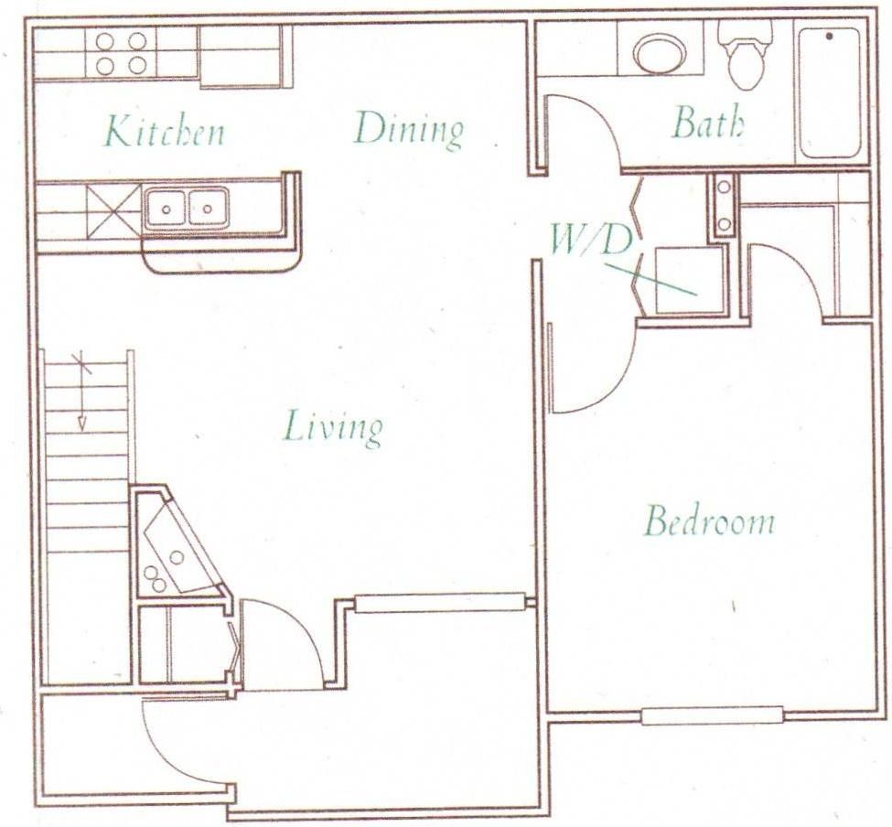 Floor plan of a small apartment with kitchen, dining, living room, bedroom, bath, and washer/dryer.
