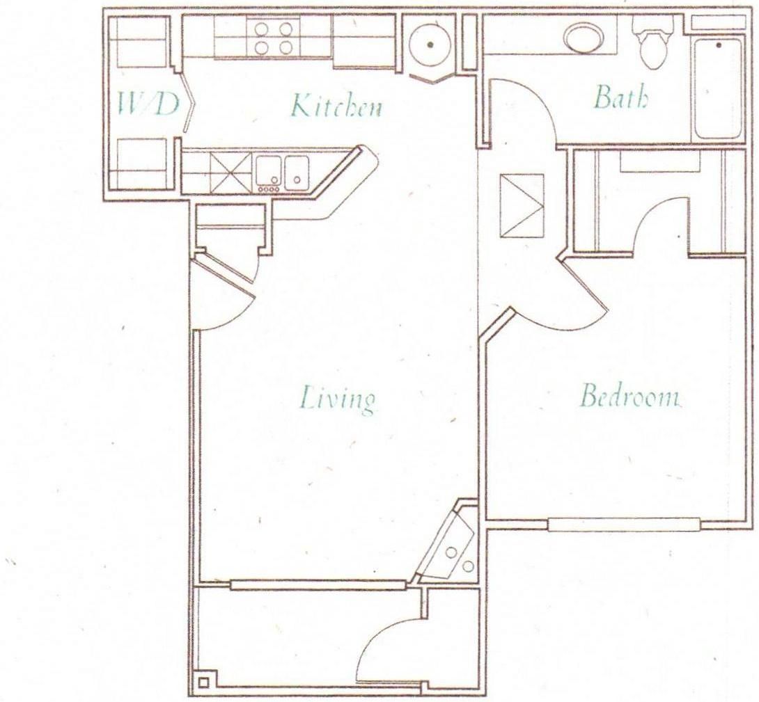 Floor plan sketch of a small apartment with kitchen, bath, living room, and bedroom.