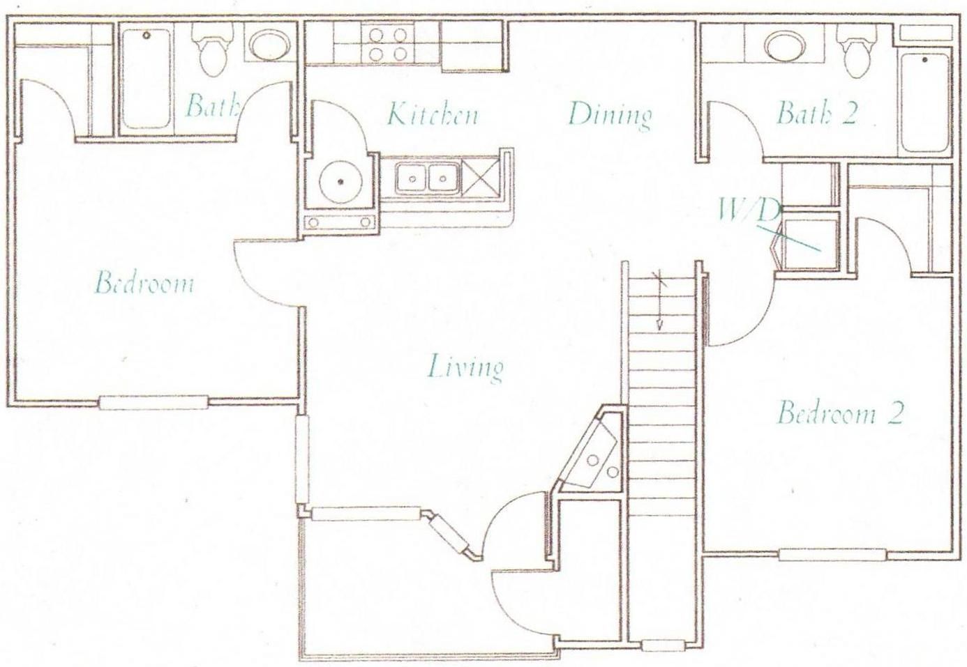 Floor plan of a small apartment with living room, kitchen, bathroom, and two bedrooms.