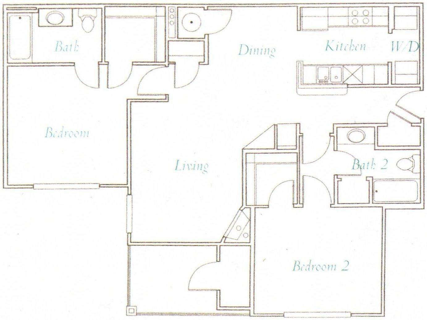 Hand-drawn house floor plan with labeled rooms: bath, bedroom, living, dining, kitchen, and two bedrooms.