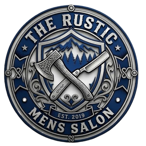 Logo for The Rustic Mens Salon, featuring a crossed axe and straight razor over a mountain forest shield in blue and gray.