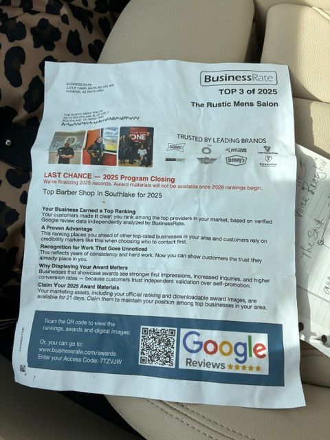 A BusinessRate marketing flyer for The Rustic Mens Salon, showcasing a 
