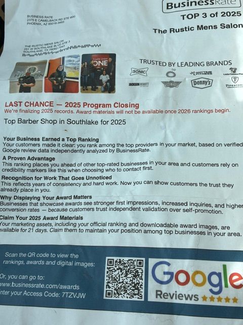 A BusinessRate award notification letter for The Rustic Mens Salon, identifying it as a Top Barber Shop in Southlake.