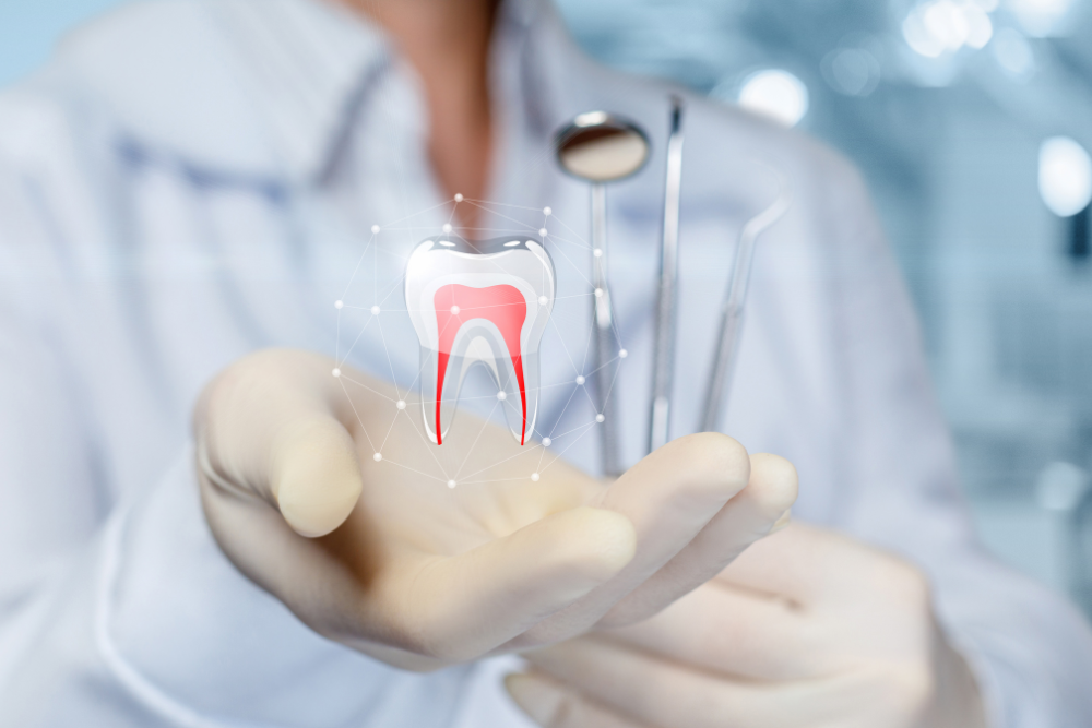 Dentist holding an illustrated tooth, tools in background.