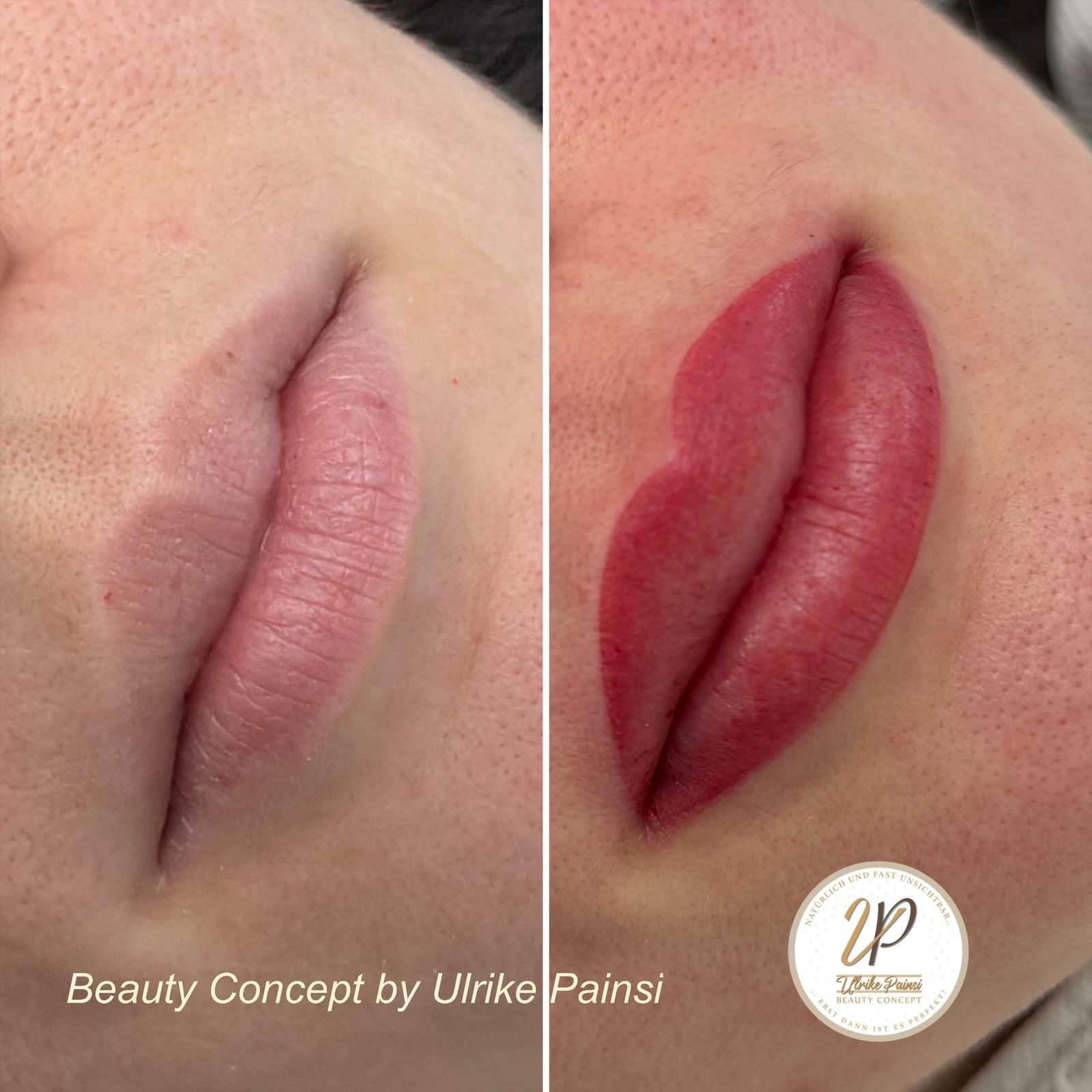 Lippenpigmentierung vorher und nachher: ​​links natürliches Rosa, rechts helleres Rot.