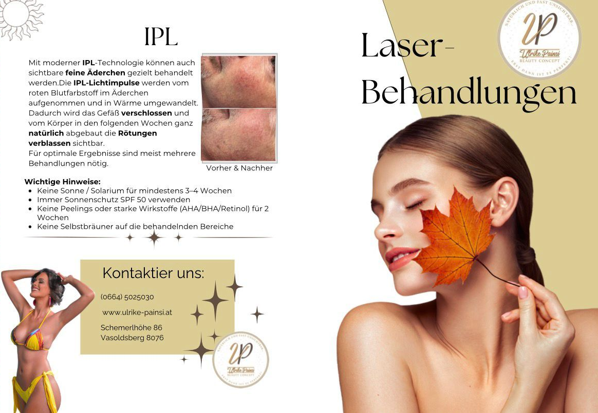 Werbeflyer für Laserbehandlungen mit Frauengesicht und Orangenblatt-Effekt, deutschem Text und Kontaktinformationen