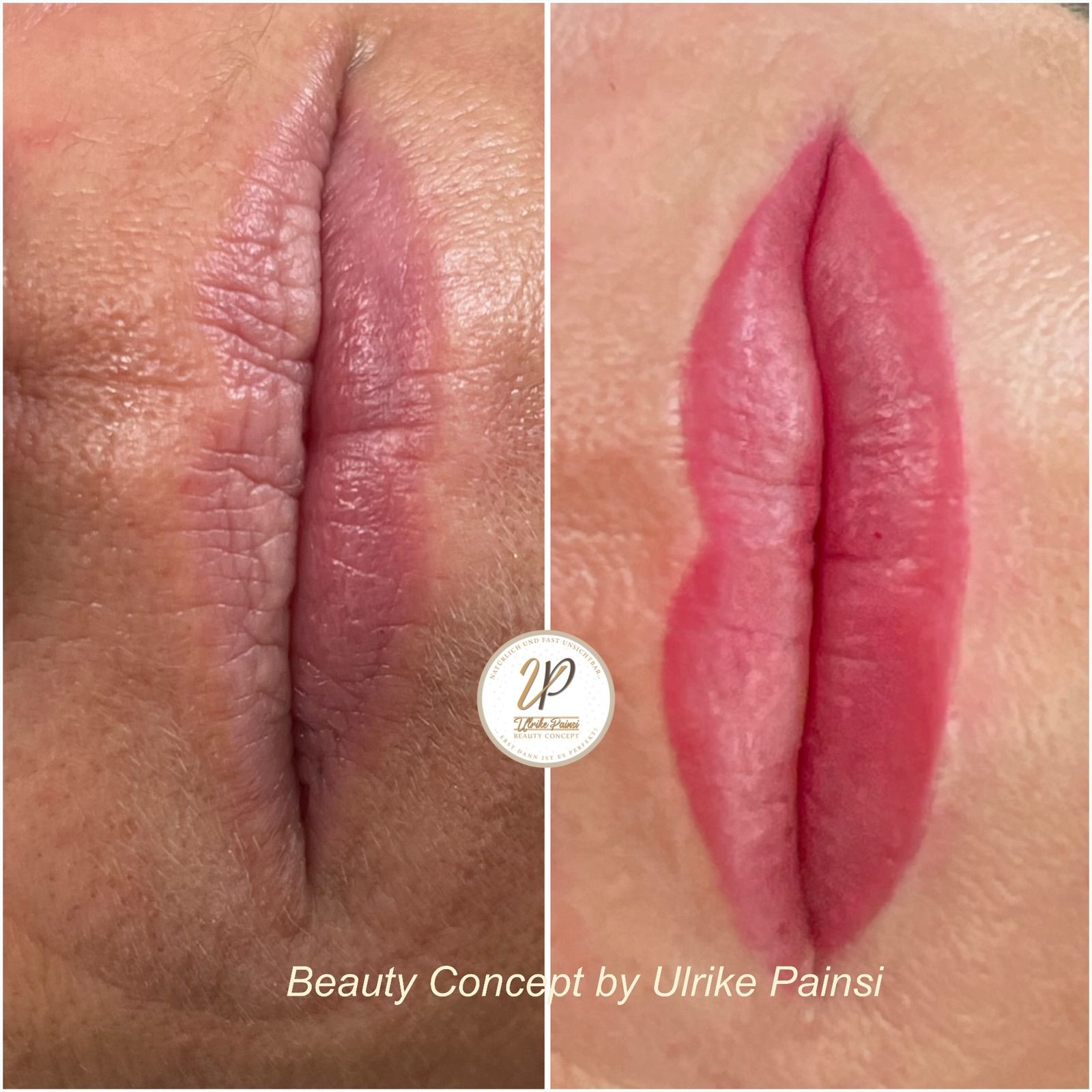 Nahaufnahme der Lippen vorher und nachher: ​​links natürlicher Nude-Ton, rechts leuchtend pinkfarbener Lippenstift.
