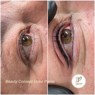 Nahaufnahme eines Auges vor und nach dem Auftragen von schwarzem Eyeliner und der Wimpernverdichtung
