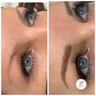 Nahaufnahme von blauen Augen mit Make-up, vor und nach dem Augenbrauenstyling, aufgeteilt in zwei Bildausschnitte