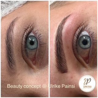 Vorher-Nachher-Nahaufnahme eines blauen Auges mit rosafarbenem Augen-Make-up
