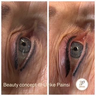 Nahaufnahme eines Auges vor und nach dem Auftragen von Eyeliner und Mascara, nebeneinander dargestellt.
