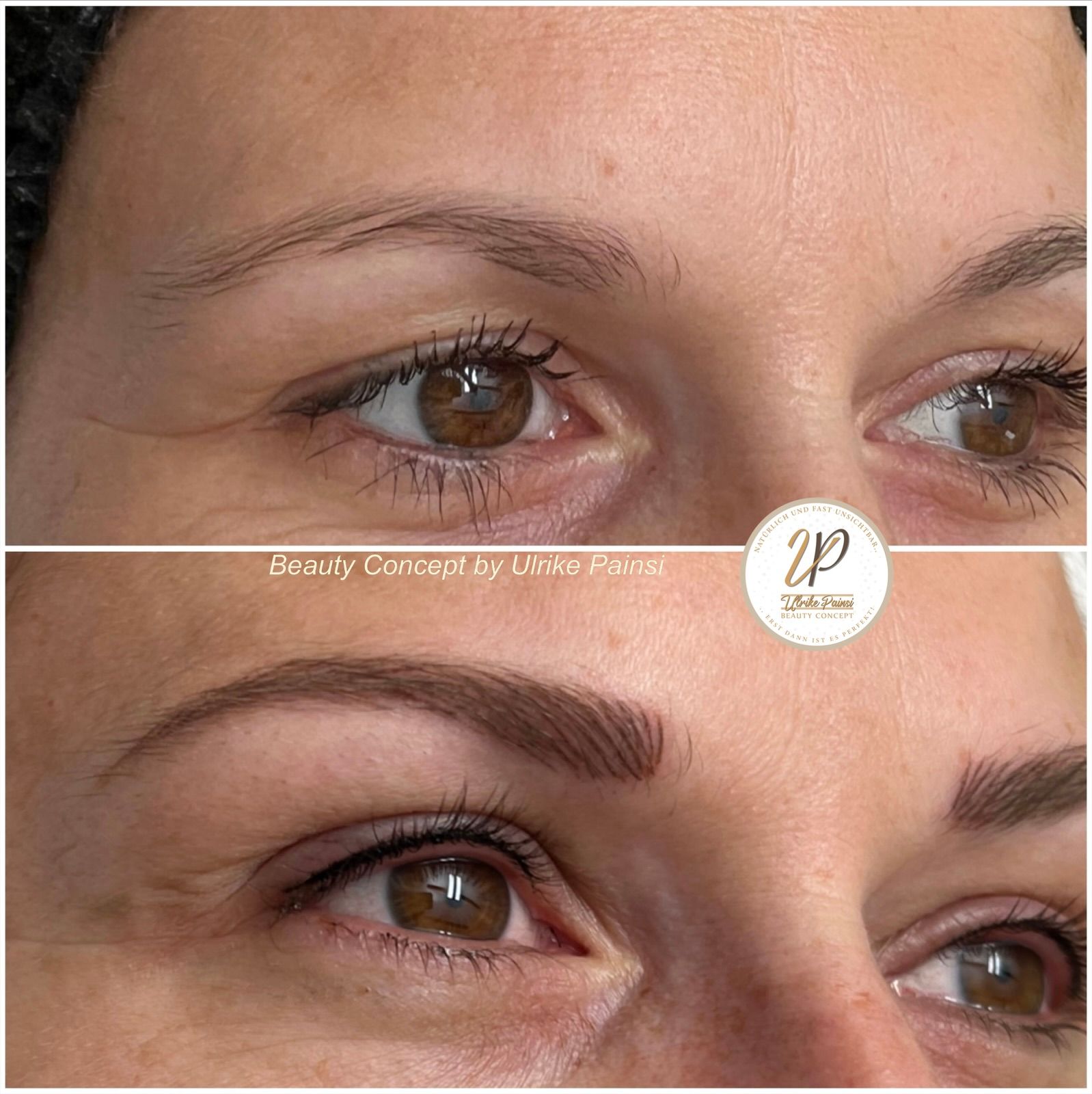 Vorher-Nachher-Nahaufnahme von Augen und Augenbrauen, die gepflegte, geformte Augenbrauen mit Make-up-Verschönerung zeigt.