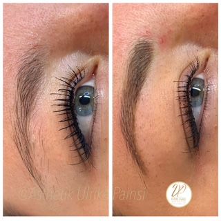 Nahaufnahme im direkten Vergleich vor und nach dem Formen der Augenbrauen und dem Auftragen von Eyeliner.