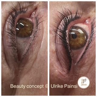 Nahaufnahme eines Auges mit dramatischen schwarzen Wimpernverlängerungen, vorher und nachher gezeigt.